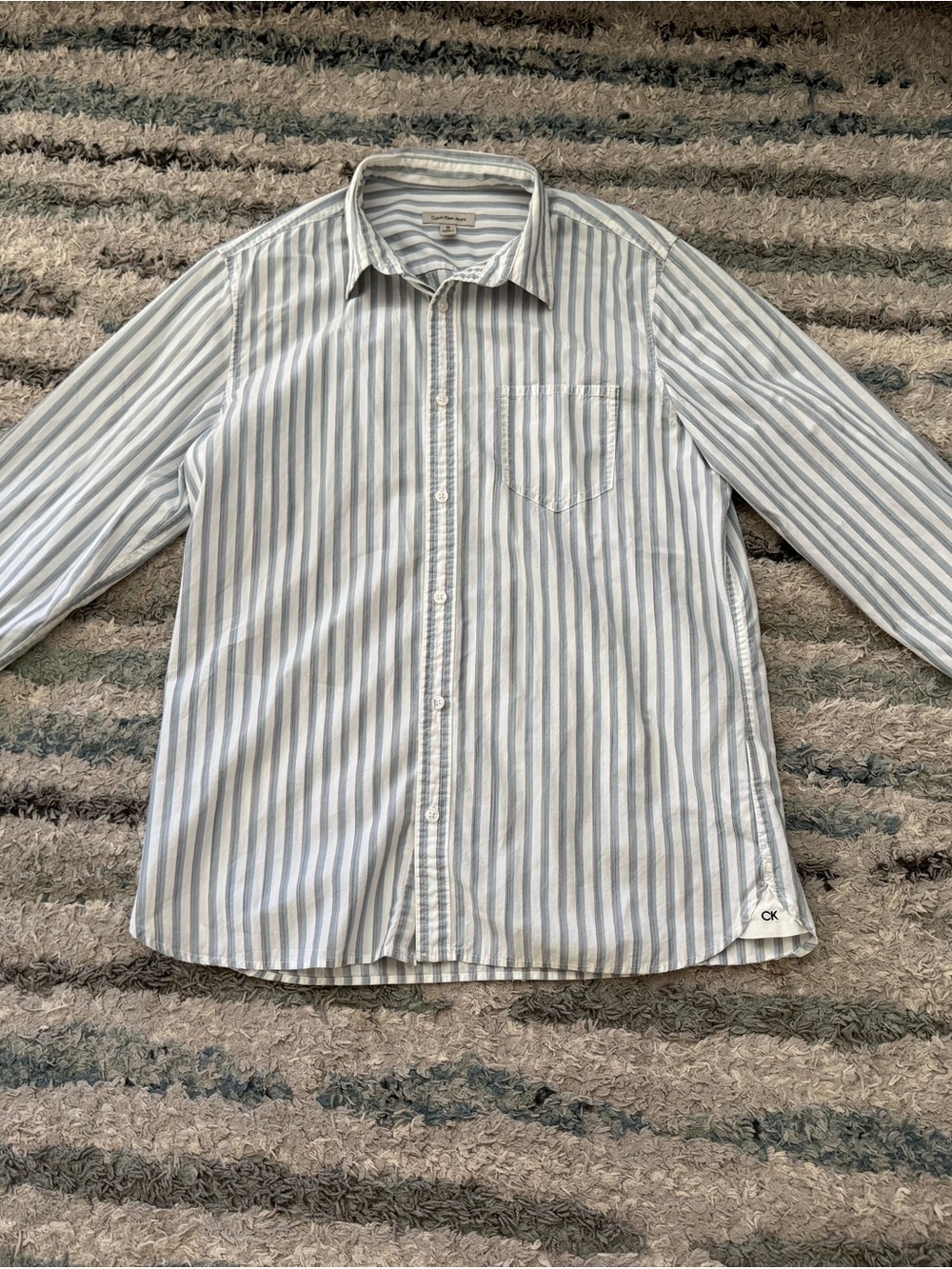 Calvin Klein Jeans Men’s White and Light Blue Striped Button-Down Shirt